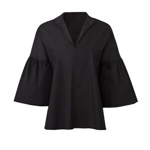 Fuzzi Black Flutter Poplin Blouse Sz 42 3/4 Fluted Sleeves VNeck Fold Collar Top